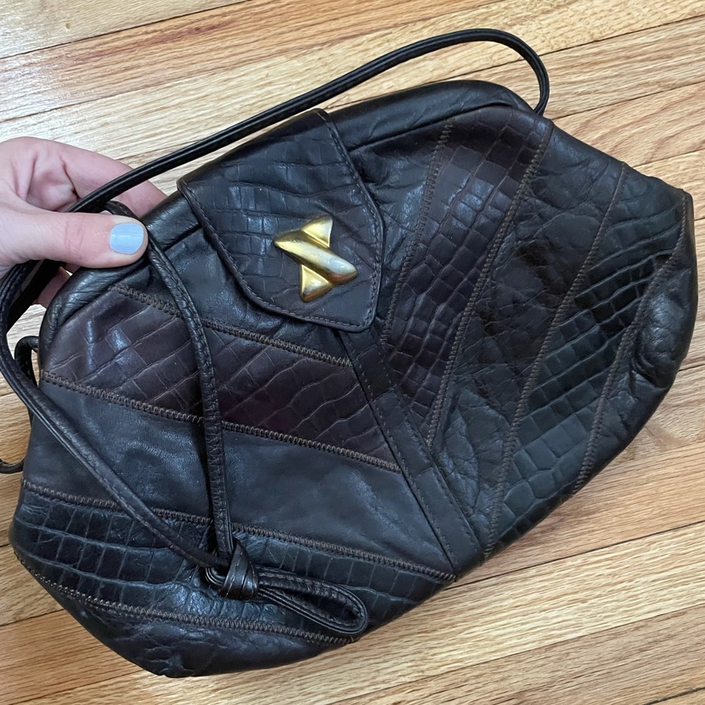 Vintage Dark Brown Patchwork Leather Crossbody Pu… - image 1